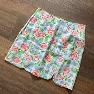 VTG Y2K Lilly Pulitzer Floral Blue Gingham Skirt Women's Sz 6 Linen Blend Spring